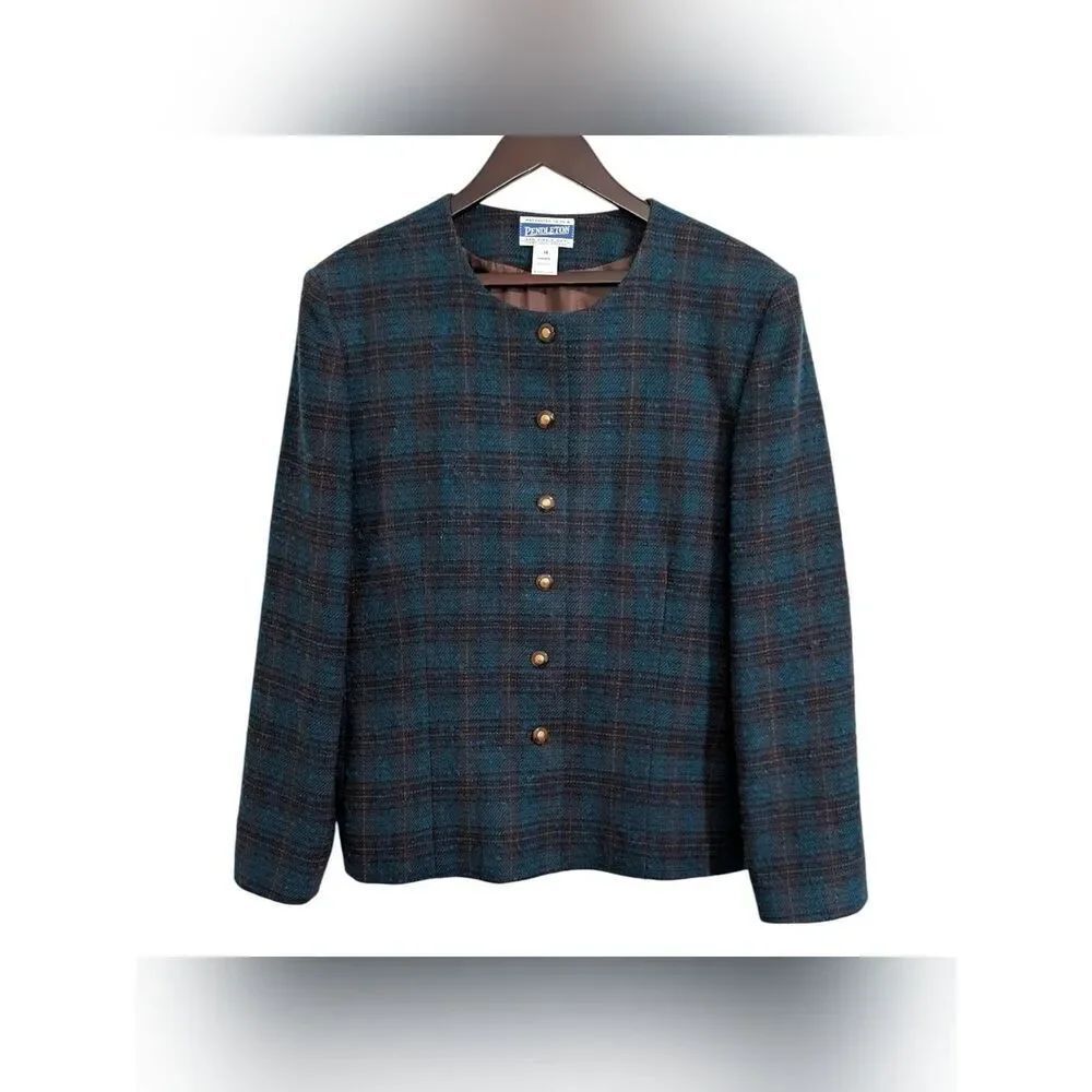 Pendleton Vintage 100% Virgin Wool Plaid Collarless Blazer Jacket Size 14